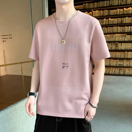 FA42280# 爆款低价跑量法国罗纹短袖男新款夏季运动休闲上衣宽松潮流喷印T恤圆领轻薄打底衫 男装批发