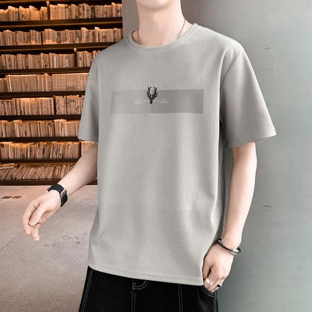 FA42281# 爆款低价跑量法国罗纹短袖男新款夏季运动休闲上衣宽松潮流喷印T恤圆领轻薄打底衫 男装批发