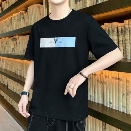 FA42281# 爆款低价跑量法国罗纹短袖男新款夏季运动休闲上衣宽松潮流喷印T恤圆领轻薄打底衫 男装批发