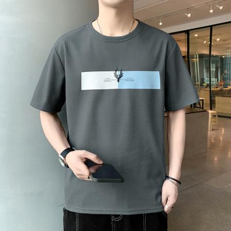 FA42281# 爆款低价跑量法国罗纹短袖男新款夏季运动休闲上衣宽松潮流喷印T恤圆领轻薄打底衫 男装批发