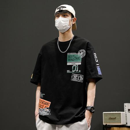 FA42284# 假两件t恤男士短袖夏季冰丝薄款宽松潮牌潮流韩版青少年半袖体恤 男装批发