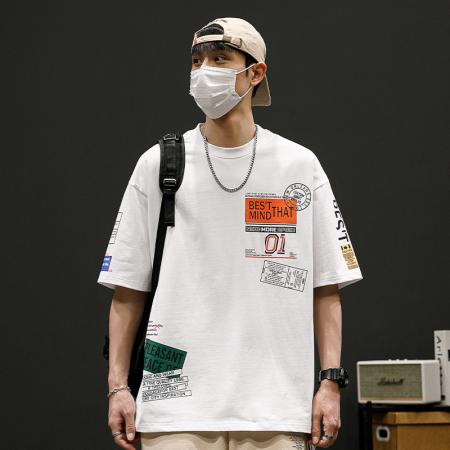 FA42284# 假两件t恤男士短袖夏季冰丝薄款宽松潮牌潮流韩版青少年半袖体恤 男装批发