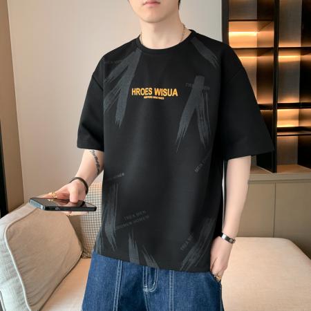 FA42288# 短袖t恤男士夏季新款潮流宽松薄款冰丝正肩半截袖体恤上衣服 男装批发