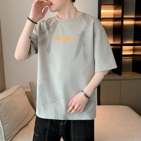 FA42288# 短袖t恤男士夏季新款潮流宽松薄款冰丝正肩半截袖体恤上衣服 男装批发