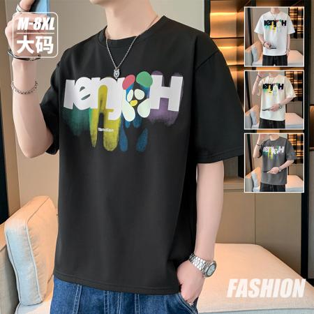 FA42300# 彩绘字母印花短袖t恤男夏季休闲宽松半袖男青少年大码新款港风体恤衫T 男装批发