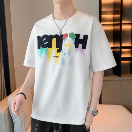 FA42300# 彩绘字母印花短袖t恤男夏季休闲宽松半袖男青少年大码新款港风体恤衫T 男装批发