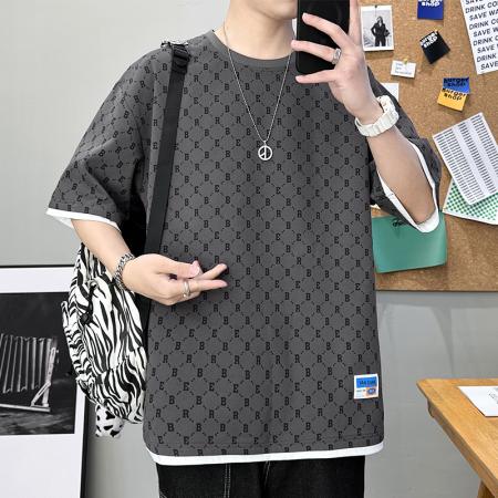 FA42303# 夏季短袖男潮T恤宽松满印冰丝半袖上衣服港风休闲运动男女同款爆款 男装批发