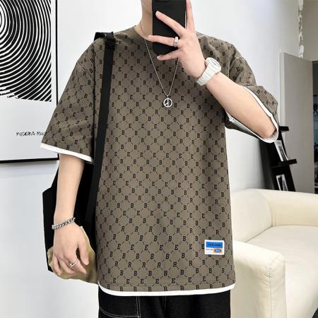 FA42303# 夏季短袖男潮T恤宽松满印冰丝半袖上衣服港风休闲运动男女同款爆款 男装批发
