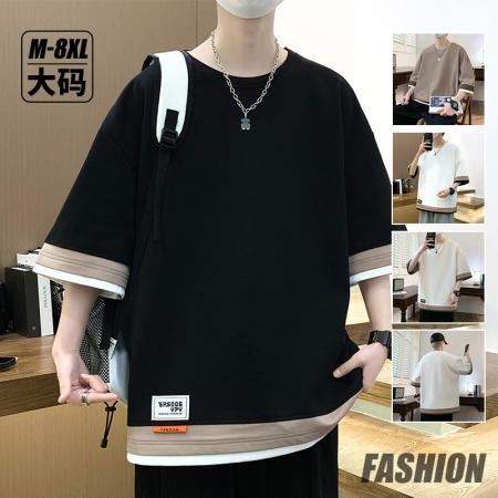 FA42304# 新款夏季拼接假三件纯色短袖港风T恤大码宽松休闲半袖五分袖上衣 男装批发