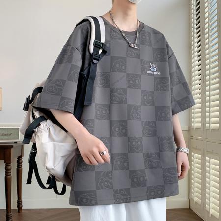 FA42305# NASA潮牌男士短袖夏季棋盘格子印花青少年ins大码T恤衫男青春流行 男装批发