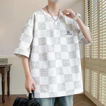 FA42305# NASA潮牌男士短袖夏季棋盘格子印花青少年ins大码T恤衫男青春流行 男装批发
