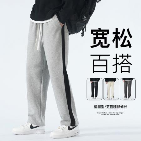 FA42312# 侧边条纹裤子男春秋季直筒宽松阔腿裤新款潮牌垂感运动长裤男士高品质舒适百搭休闲裤男平脚裤 男装批发
