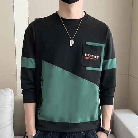 FA42362# 秋季新款卫衣男士圆领宽松套头无帽拼接撞色口袋打底衫工装长袖T恤上衣 男装批发