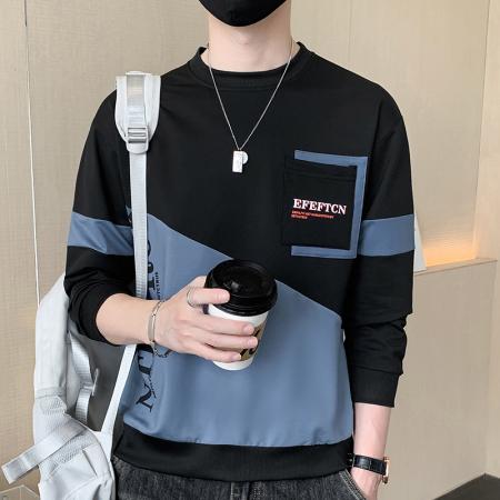 FA42362# 秋季新款卫衣男士圆领宽松套头无帽拼接撞色口袋打底衫工装长袖T恤上衣 男装批发