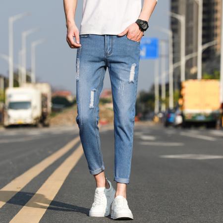 FA42385# 男士四季款时尚破洞小脚牛仔裤耐磨百搭休闲靓仔九分裤 男装批发