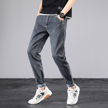 FA42386# 牛仔裤男士夏季新款潮流弹力九分裤灰色修身小脚长裤子青年 男装批发