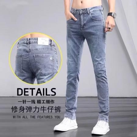 FA42387# YF破洞牛仔裤夏季弹力修身韩版潮流时尚休闲浅色百搭小脚 男装批发
