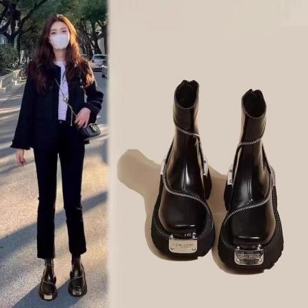 X-32781# 网红厚底马丁靴女批发秋冬新款英伦风方头切尔西女靴复古机车短靴  鞋子批发女鞋批发