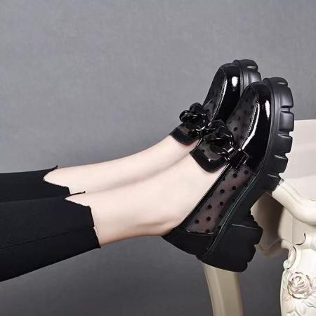 X-32794# 漆皮乐福鞋女新款夏季松糕厚底一脚蹬女鞋镂空真皮网纱单鞋  鞋子批发女鞋批发