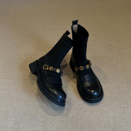 X-32803# 厚底金属扣弹力短靴复古学院风针织瘦瘦靴女百搭乐福袜靴  鞋子批发女鞋批发