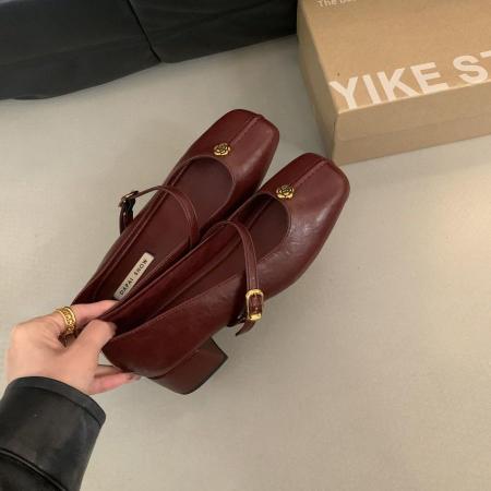 X-32816# 春季新款复古玛丽珍鞋方头浅口一字带粗跟法式百搭单鞋女鞋  鞋子批发女鞋批发