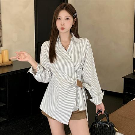 FA42405# 大码胖mm秋季设计感法式V领衬衫上衣不规则绑带别致条纹衬衣 服裝批發女裝批發服飾貨源