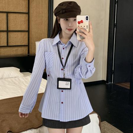 FA42406# 大码胖MM秋季通勤休闲设计感衬衣韩系慵懒风百搭条纹衬衫上衣 服裝批發女裝批發服飾貨源