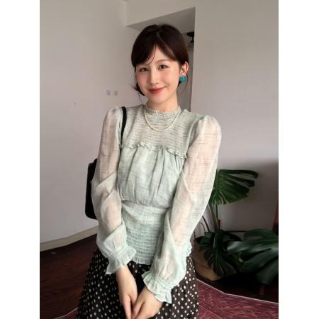 FA42411# 法式简约温柔风长袖雪纺小衫早秋浅绿收腰显瘦薄款防晒上衣 服裝批發女裝批發服飾貨源