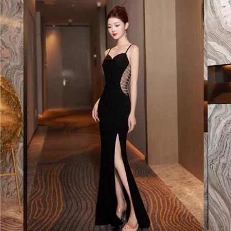 FA42435# 黑色吊带晚礼服女新款高级感高端轻奢小众鱼尾绝美订婚主持人 服裝批發女裝批發服飾貨源