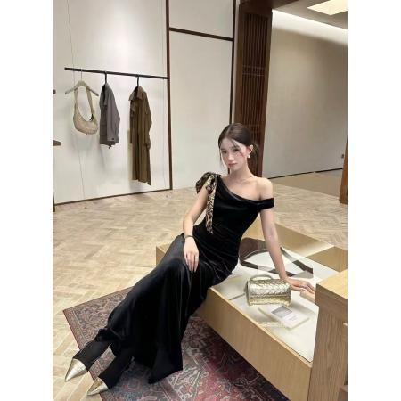 FA42441# 名媛气质高级感丝绒长裙女秋冬法式洋气豹纹飘带打底连衣裙 服裝批發女裝批發服飾貨源