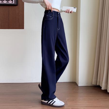 FA42462# 好质量不掉色针织牛仔弹力裤女裤女春季宽松显瘦老爹直筒裤 服裝批發女裝批發服飾貨源