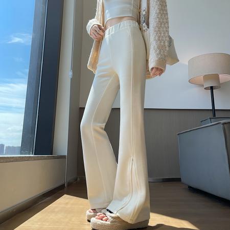 FA42464# 阔腿裤子女秋冬白色修身针织微喇叭裤高腰显瘦拖地马蹄裤 服裝批發女裝批發服飾貨源