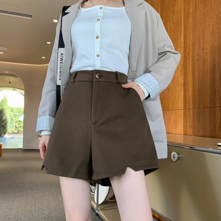 FA42465# 秋冬季新款高腰百搭毛呢短裤黑色显瘦大码宽松阔腿女靴裤外穿 服裝批發女裝批發服飾貨源