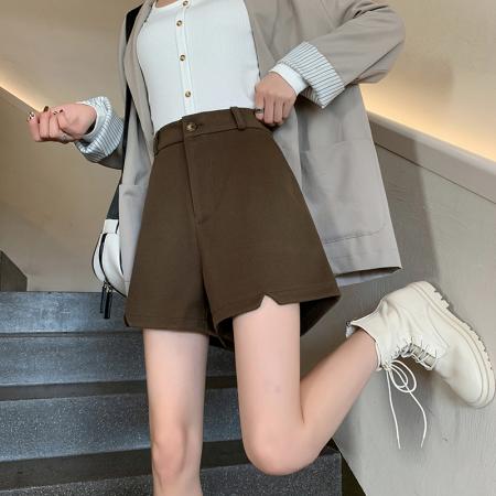 FA42465# 秋冬季新款高腰百搭毛呢短裤黑色显瘦大码宽松阔腿女靴裤外穿 服裝批發女裝批發服飾貨源