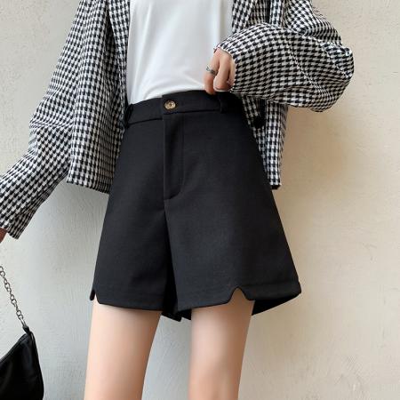 FA42465# 秋冬季新款高腰百搭毛呢短裤黑色显瘦大码宽松阔腿女靴裤外穿 服裝批發女裝批發服飾貨源