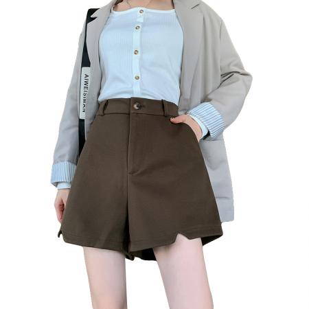 FA42465# 秋冬季新款高腰百搭毛呢短裤黑色显瘦大码宽松阔腿女靴裤外穿 服裝批發女裝批發服飾貨源