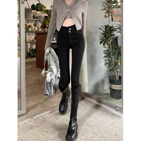 FA42501# 黑色弹力紧身牛仔裤女斜腰两粒扣铅笔小脚裤子 服裝批發女裝批發服飾貨源