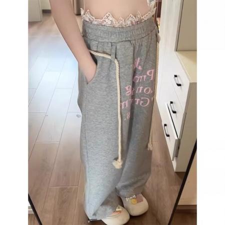 FA42504# 复古字母印花蕾丝拼接运动卫裤女秋冬新款阔腿裤休闲裤 服裝批發女裝批發服飾貨源
