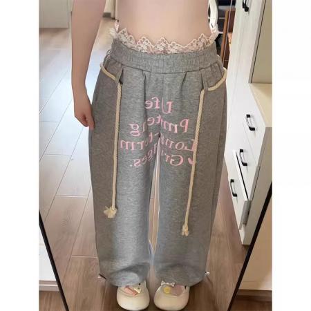 FA42504# 复古字母印花蕾丝拼接运动卫裤女秋冬新款阔腿裤休闲裤 服裝批發女裝批發服飾貨源