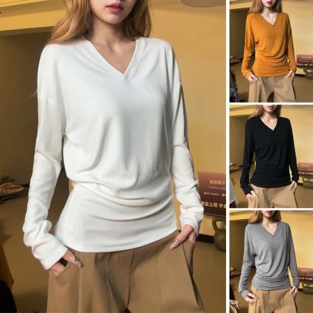 FA42505# 韩系V领蝙袖蝠百搭时尚上衣慵懒风宽松打底T桖 服裝批發女裝批發服飾貨源