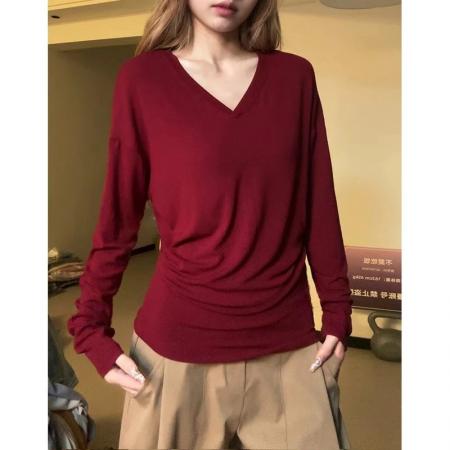 FA42505# 韩系V领蝙袖蝠百搭时尚上衣慵懒风宽松打底T桖 服裝批發女裝批發服飾貨源