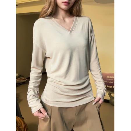 FA42505# 韩系V领蝙袖蝠百搭时尚上衣慵懒风宽松打底T桖 服裝批發女裝批發服飾貨源