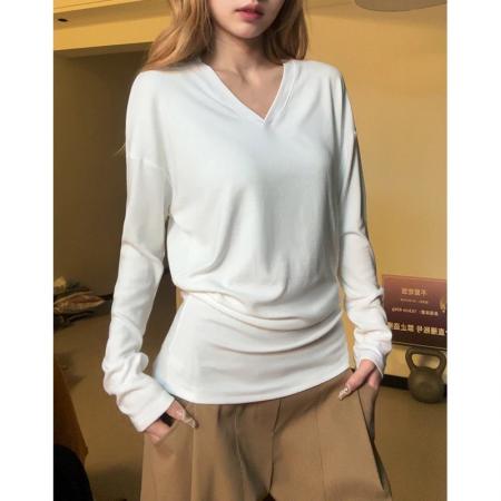 FA42505# 韩系V领蝙袖蝠百搭时尚上衣慵懒风宽松打底T桖 服裝批發女裝批發服飾貨源