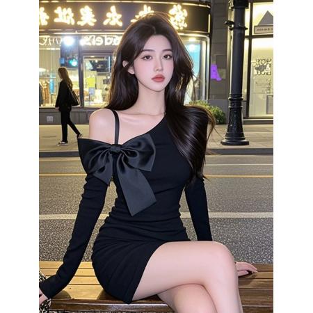 FA42506# 秋季斜肩吊带蝴蝶结长袖连衣裙女收腰显瘦辣妹短裙子 服裝批發女裝批發服飾貨源