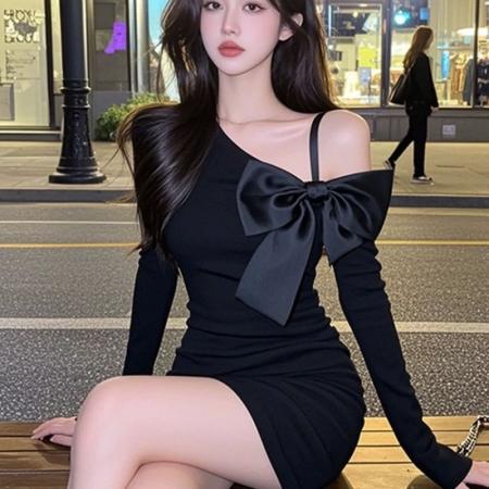 FA42506# 秋季斜肩吊带蝴蝶结长袖连衣裙女收腰显瘦辣妹短裙子 服裝批發女裝批發服飾貨源