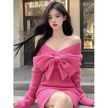FA42507# V领蝴蝶结长袖针织衫连衣裙女秋季性感收腰包臀裙 服裝批發女裝批發服飾貨源