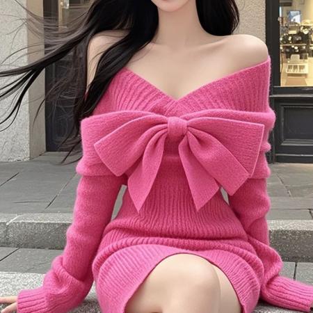 FA42507# V领蝴蝶结长袖针织衫连衣裙女秋季性感收腰包臀裙 服裝批發女裝批發服飾貨源