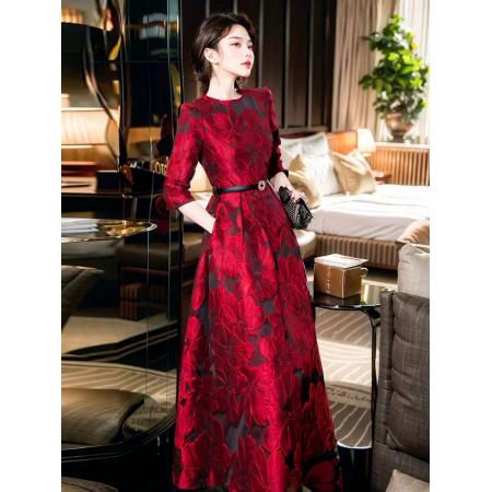 FA42509# 春秋富家千金高级感穿搭立体花朵提花酒红色七分袖连衣裙 服裝批發女裝批發服飾貨源