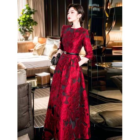 FA42509# 春秋富家千金高级感穿搭立体花朵提花酒红色七分袖连衣裙 服裝批發女裝批發服飾貨源
