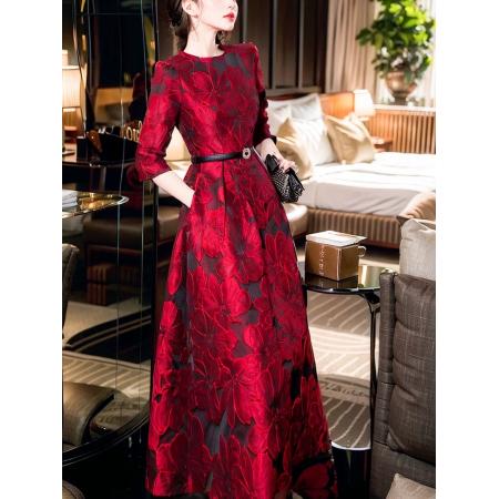 FA42509# 春秋富家千金高级感穿搭立体花朵提花酒红色七分袖连衣裙 服裝批發女裝批發服飾貨源